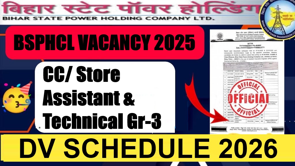 BSPHCL CC/ Store Assistant & Technical Gr-3 DV Schedule 2026