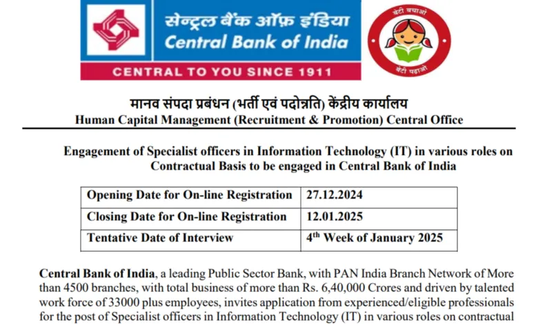 Central Bank of India SO Online Form 2025