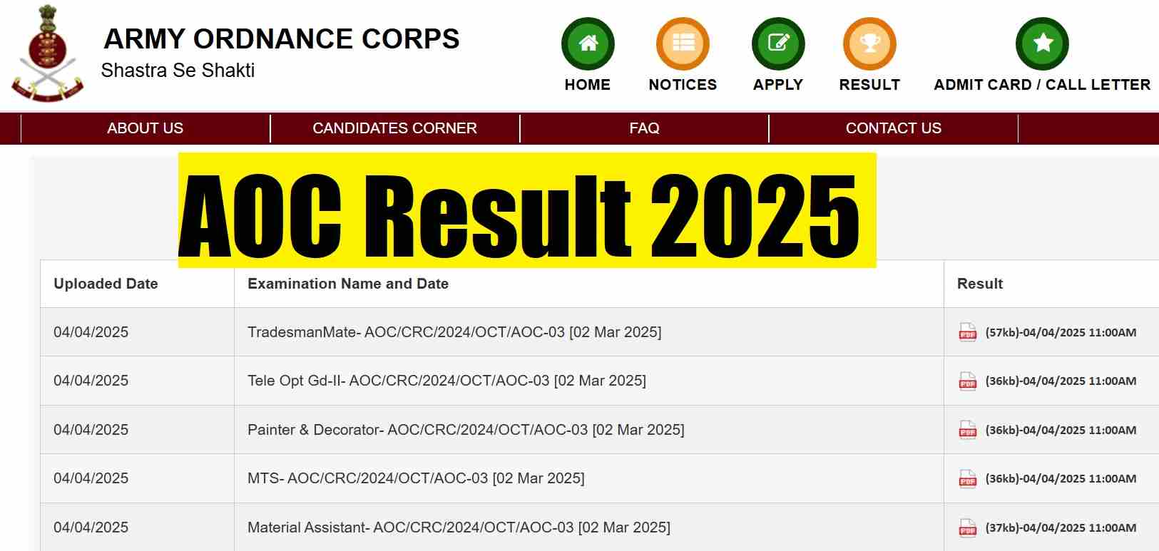 Army Ordinance Corp AOC Various Post Result 2025