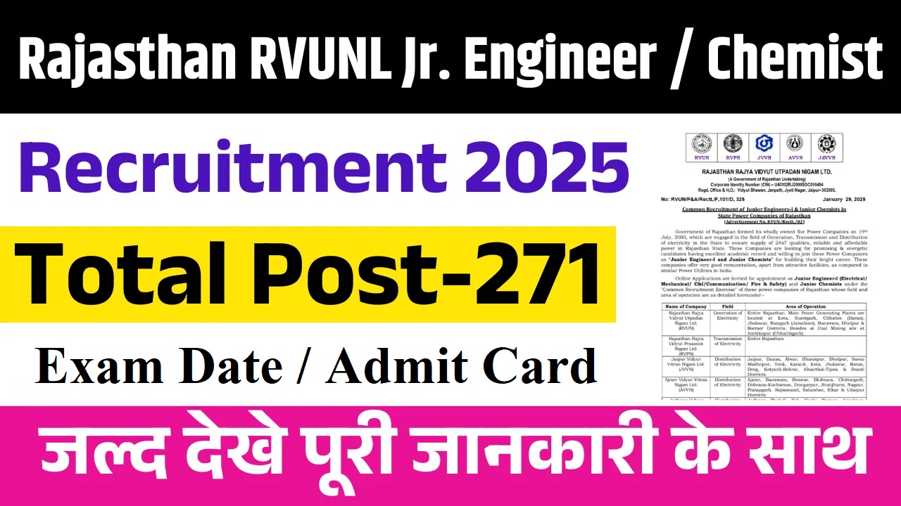 RRVUNL Junior Engineer Jr Chemist Exam Date 2025