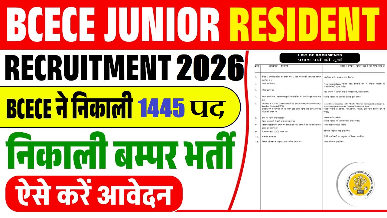 Bihar BCECE Junior Resident Recruitment 2026