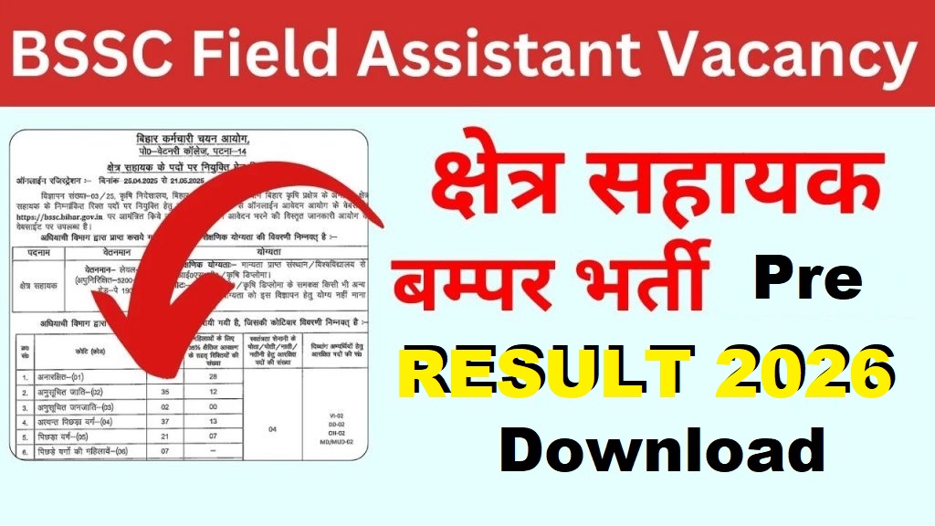 Bihar BSSC Field Assistant Pre Result 2026